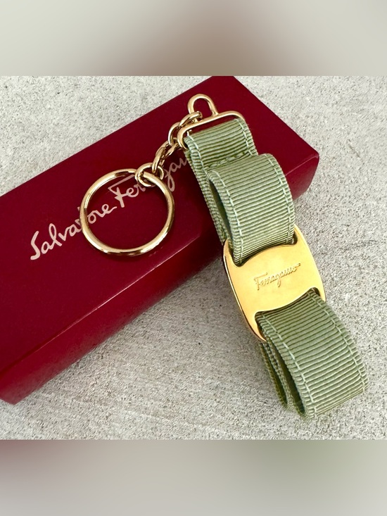 Salvatore Ferragamo Accessories - SALVATORE FERRAGAMO Vara Bow Grosgrain Keychain Olive Green Gold Tone + Box